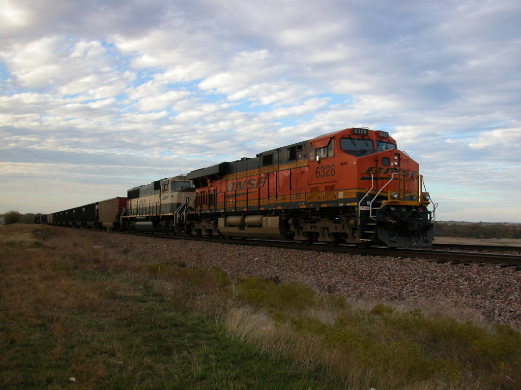 BNSF 6328  13Nov2011  On the rear of NB empty hoppers in EAST HERMAN 